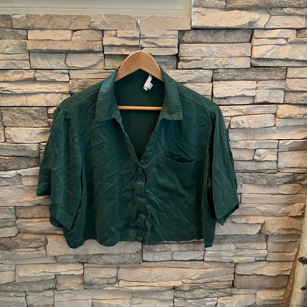 Lunya Washable Silk Crop Button Down Top Opulent Green Large